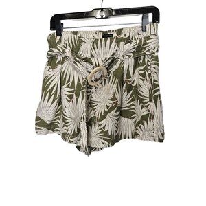 Tahari Womens Green & White Tropical Leaf Print Linen Shorts Belt Pockets L‎